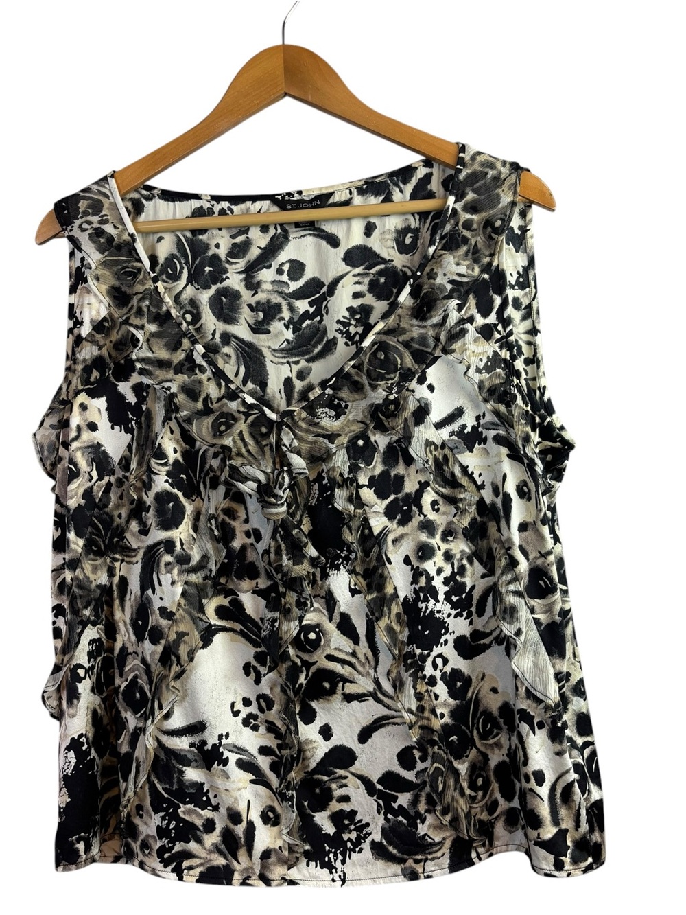 St John Silk Floral Print Sleeveless Blouse Top Ruffle Front Size XL